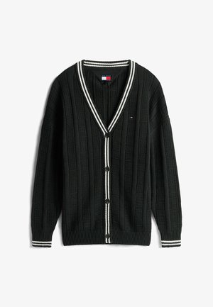 Schwarze gestrickte Strickjacke mit strukturiertem Muster, V-Ausschnitt und weißen gestreiften Rippbündchen und Kragen. Mit sechs schwarzen Knöpfen entlang der Vorderseite.