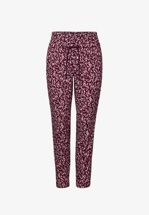Bordeaux gekleurde broek met een trekkoord in de taille, met een bladontwerp in tinten wit en lichtroze, tapering fit en een zachte stoftextuur.