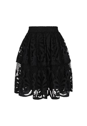 Gonna in pizzo nero con un design a strati, caratterizzata da motivi floreali, texture trasparente e una vita aderente.