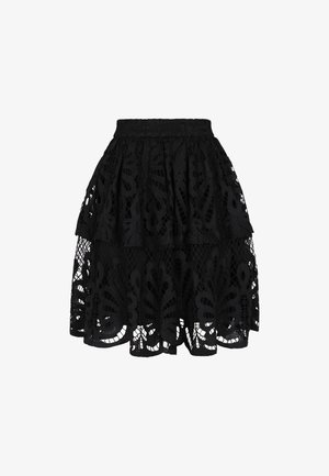 Mustat pitsihameet, joissa on kerroksellinen muotoilu kukkakuviolla, läpikuultava rakenne ja istuva vyötärö.