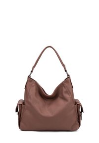 Borsa a tracolla in pelle marrone con texture, con una parte superiore curva, due tasche laterali e una sola maniglia. Il design morbido e svasato ne accentua la funzionalità.
