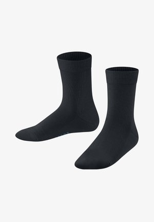 Dunkel schwarze Crew-Socken mit geripptem Bündchen, aus einem flexiblen Material gefertigt; glatte Textur mit verstärkter Spitze und Ferse für Langlebigkeit.