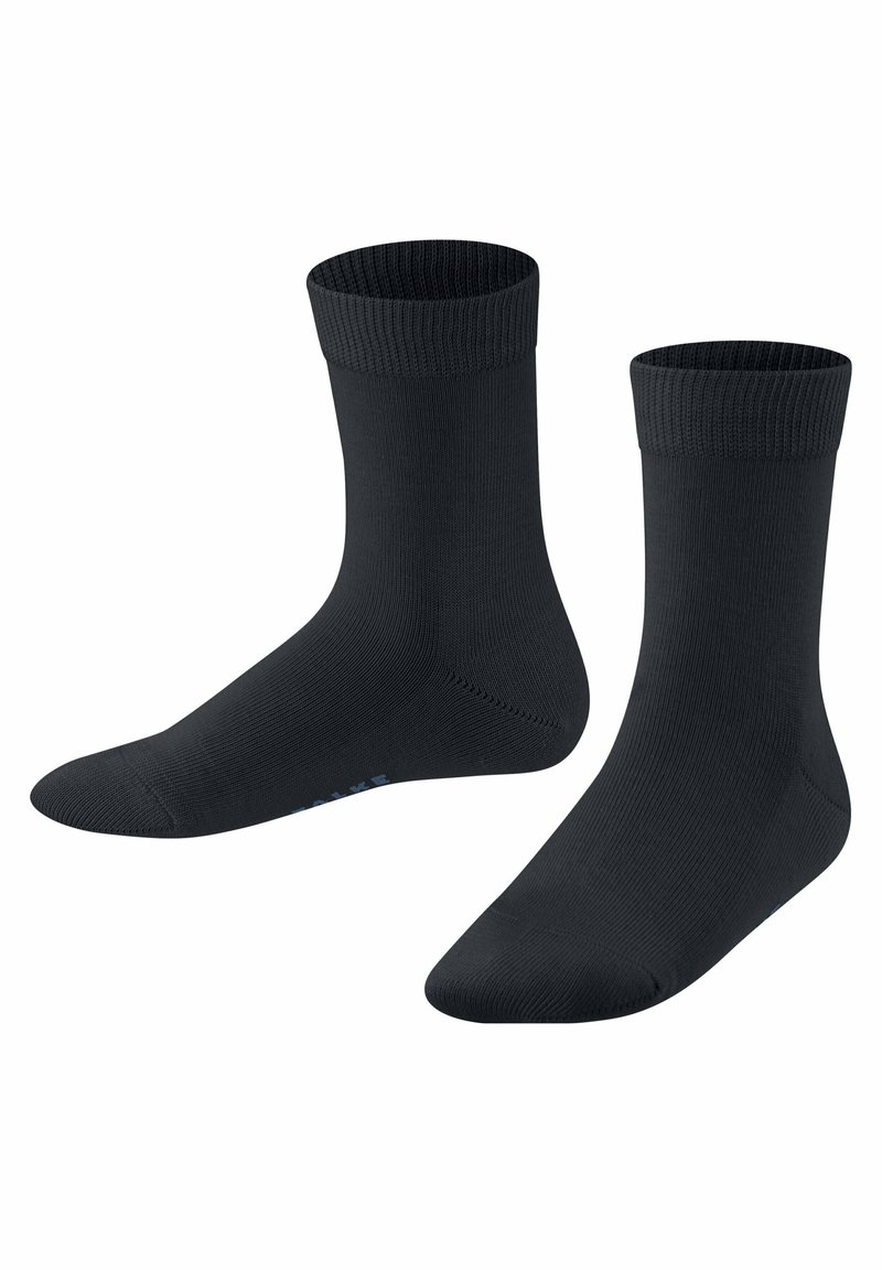 Czarne skarpetki typu crew z prążkowanym zakończeniem, wykonane z elastycznego materiału; gładka struktura z wzmocnionym palcem i piętą dla większej trwałości.