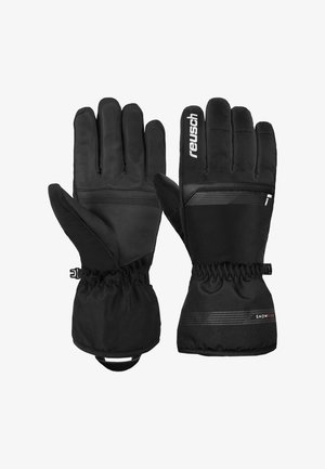 Guanti invernali neri realizzati con un mix di pelle e tessuto, dotati di polsini elasticizzati e un logo ben visibile. Presentano un'imbottitura pad dal calore.