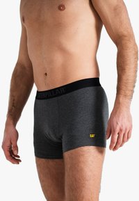 Shorts en coton gris avec une taille noire sur laquelle est inscrit "CATERPILLAR" en gris et un petit logo "CAT" jaune à l'avant.