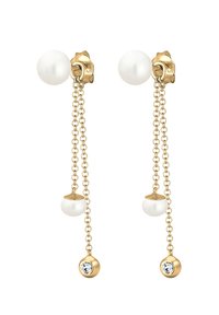 Boucles d'oreilles dorées mettant en valeur une perle blanche unique au sommet, avec des chaînes suspendues tenant des perles blanches supplémentaires et des rhinestones transparents.