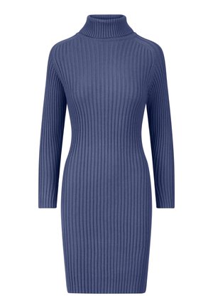 Abito a collo alto lavorato a maglia in blu intenso con motivo a coste verticali, maniche lunghe e silhouette aderente, realizzato in tessuto morbido.