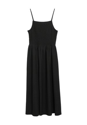Schwarzes ärmelloses Midikleid mit gerafftem Oberteil und dünnen Spaghettiträgern, mit einem gerafften Rock und strukturiertem Stoff.