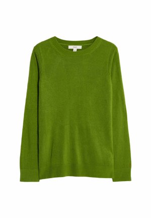 Zielony sweter wykonany z miękkiej dzianiny, z okrągłym dekoltem, długimi rękawami oraz prążkowanymi mankietami i dolnym wykończeniem. Prosty, jednokolorowy design.