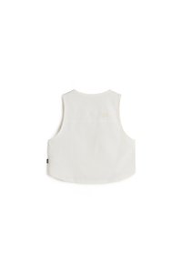 Gilet bianco senza maniche con scollo rotondo, dotato di un logo Vans ricamato sul retro e una texture di tessuto liscia e leggera.