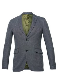 Blazer grigio con vestibilità su misura, rever a punta, due tasche frontali e bottoni neri. Interno foderato in tessuto verde.