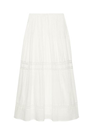 Biała spódnica midi z marszczonym materiałem i poziomym koronkowym zdobieniem na całej szerokości i blisko brzegu, oferująca zwiewną sylwetkę.