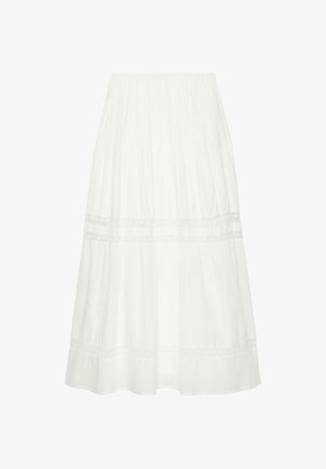 Weißer Midirock mit gerafftem Stoff und horizontalem Spitzenbesatz am Saum und knapp darüber, der eine fließende Silhouette bietet.