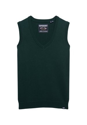 Groene gebreide mouwloze vest met een V-hals ontwerp, voorzien van een ribgebreide halslijn en zoom, en een klein merklabel links onderaan.