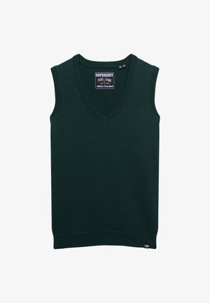 Groene gebreide mouwloze vest met een V-hals ontwerp, voorzien van een ribgebreide halslijn en zoom, en een klein merklabel links onderaan.