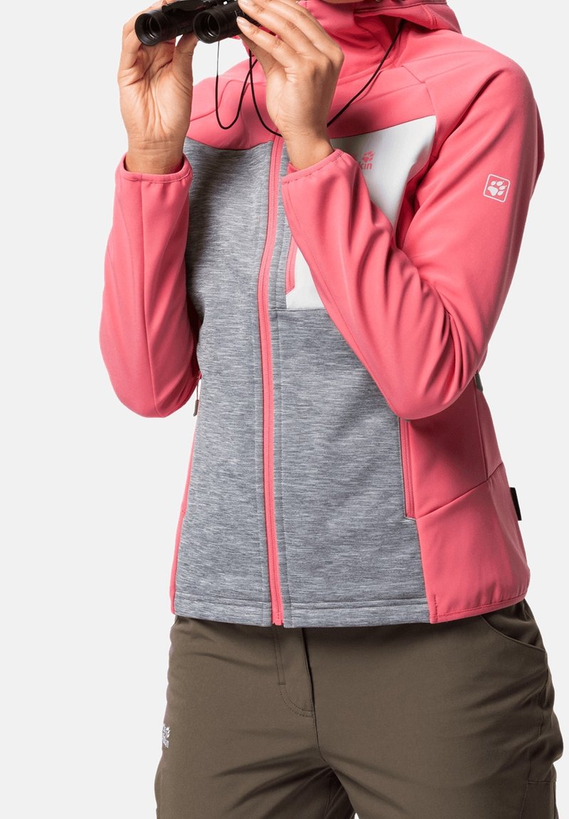 Giacca in pile zip-up rosa e grigia con cappuccio, caratterizzata da una sottile trama melange, tasche laterali e design con pannelli a contrasto.