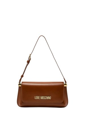Borsa a tracolla in pelle marrone con tracolla regolabile e logo dorato "LOVE MOSCHINO" sulla patta frontale.