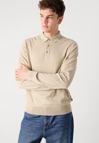 Polo beige a maniche lunghe con colletto e tre bottoni. Presenta polsini e orlo a coste. Abbinato a jeans blu. Textura liscia.