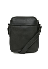 Borsa a tracolla nera in pelle con forma quadrata, texture liscia e tracolla regolabile. Presenta una tasca frontale per un facile accesso.