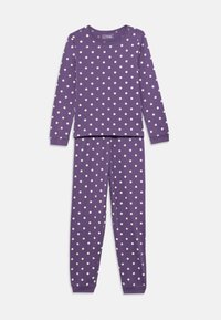 Μωβ σετ πιτζάμες με λευκές πουά. Το μακρυμάνικο πάνω μέρος έχει στρογγυλή λαιμόκοψη, και το παντελόνι διαθέτει ελαστικά μανσέτες στους αστραγάλους.