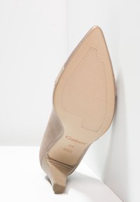 Beige højhælet sko med spids tå og textured ruskindsoverdel. Har en glat, let struktureret sål og en afdæmpet hæl.