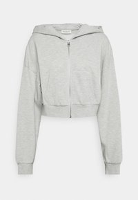 Ljusgrå beskuren zip-up hoodie med långa ärmar, framfickor och huva, tillverkad av mjukt tyg.