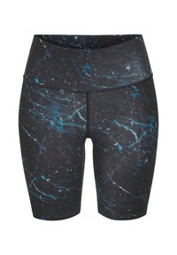 Schwarze Leggings mit blauem Marmor-Muster, ausgestattet mit einem hohen Bund und elastischem Stoff. Mit Nahtdetails für erhöhte Strapazierfähigkeit.