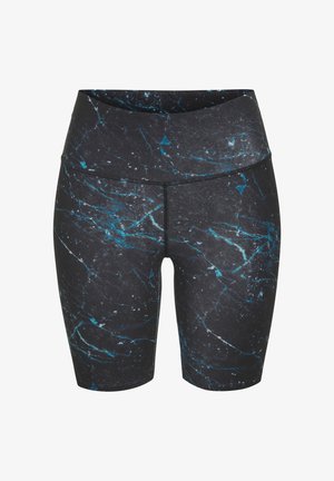 Schwarze Leggings mit blauem Marmor-Muster, ausgestattet mit einem hohen Bund und elastischem Stoff. Mit Nahtdetails für erhöhte Strapazierfähigkeit.