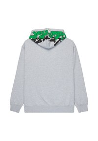 Hellgrauer Hoodie mit langen Ärmeln, gerippten Bündchen und Saum, mit einem grünen und schwarzen Graffiti-Design auf der Rückseite der Kapuze.