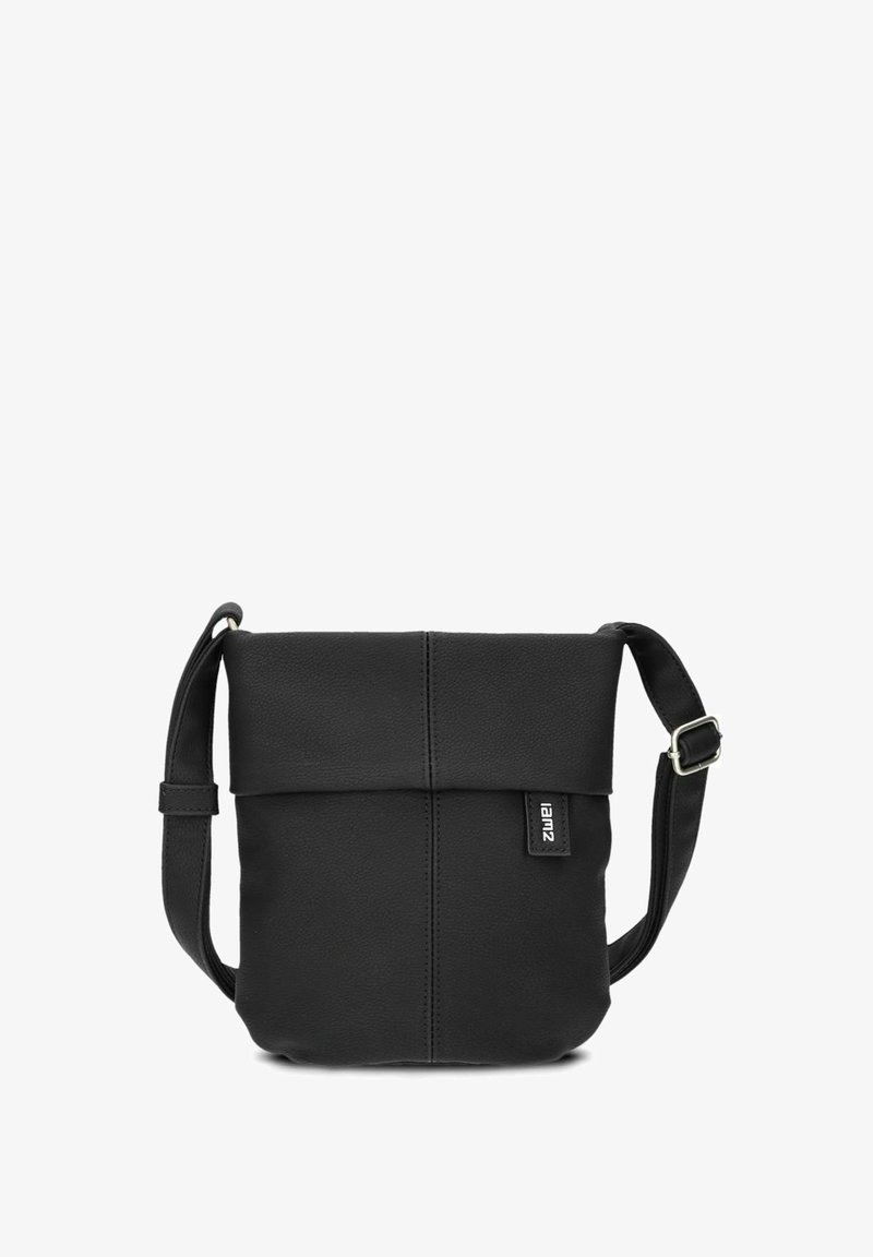 Borsa a tracolla in pelle nera con patta pieghevole, tracolla regolabile e un'etichetta con la scritta "iam2". Superficie testurizzata con un design minimalista.
