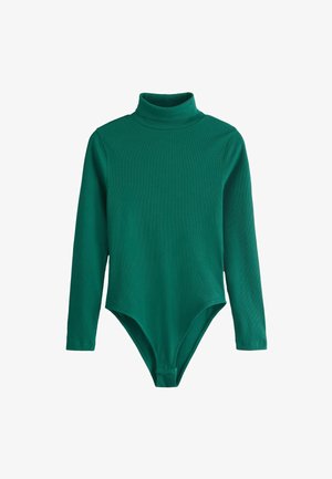 Grön långärmad turtleneck bodysuit i ribbat tyg. Har en figurnära design och hög halsringning med en rundad nederkant.