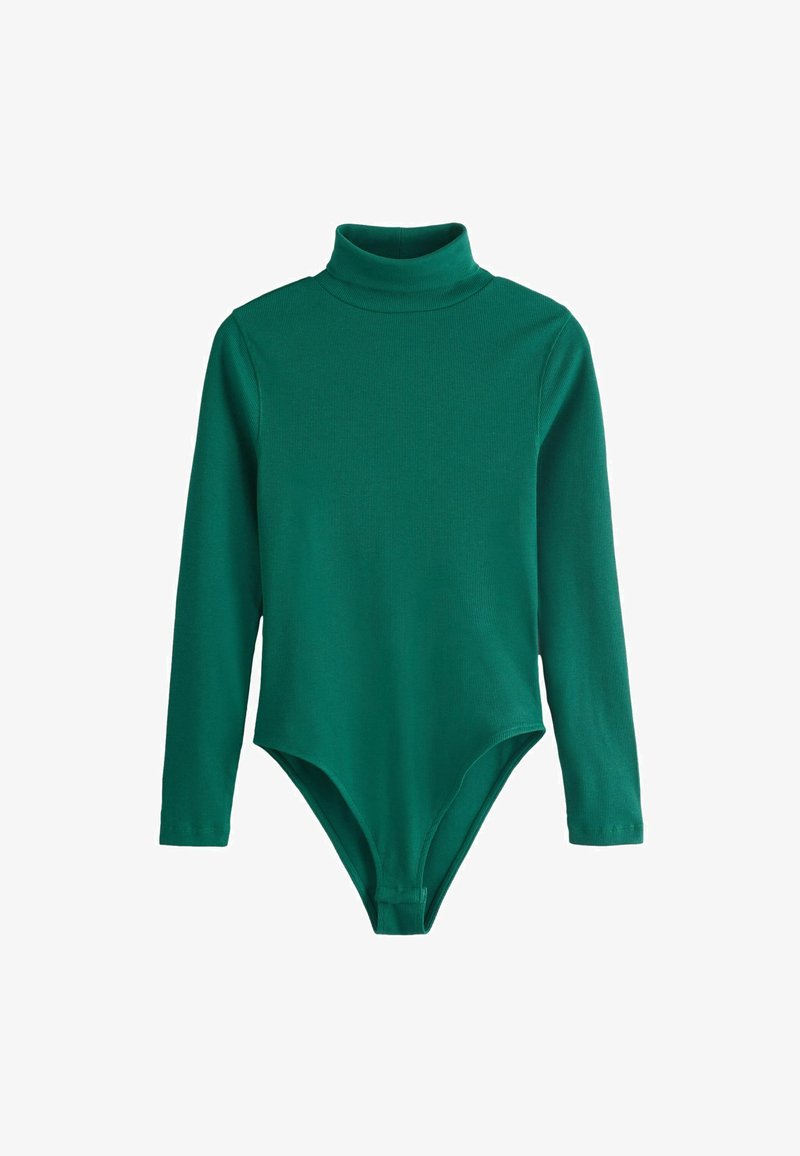 Body a maniche lunghe verde a collo alto realizzato in tessuto a costine. Presenta un design aderente e un colletto alto con un orlo inferiore curvo.