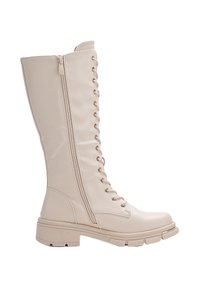 Stivale alto in pelle beige con lacci e zip laterale, punta rotonda, suola spessa e occhielli dorati, angolato a destra su sfondo bianco.
