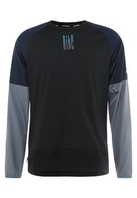 Schwarzes Langarmshirt mit grauen und marineblauen Raglanärmeln. Besitzt ein dezentes Nike-Logo in hellblau in der Mitte, gefertigt aus feuchtigkeitstransportierendem Material.