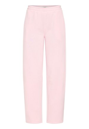 Gaiši rozā sporta bikses, izgatavotas no mīkstas auduma, ar elastīgu jostu, divām sānu kabatām un šaurām kājām. Gluda tekstūra, bez rakstiem.