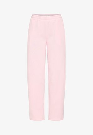 Gaiši rozā sporta bikses, izgatavotas no mīkstas auduma, ar elastīgu jostu, divām sānu kabatām un šaurām kājām. Gluda tekstūra, bez rakstiem.