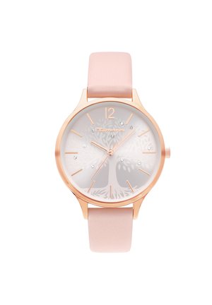 Roségoldene Uhr mit hellrosa Lederarmband, Baum-Design auf dem Zifferblatt, Kristall-Stundenmarkierungen und Tamaris-Logo bei 12 Uhr.