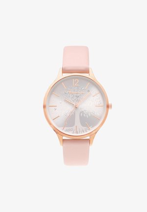Roségoldene Uhr mit hellrosa Lederarmband, Baum-Design auf dem Zifferblatt, Kristall-Stundenmarkierungen und Tamaris-Logo bei 12 Uhr.