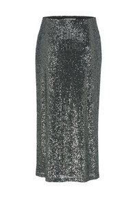 Knie-lange kokerrok gemaakt van donkere stof bedekt met zilveren pailletten, met een getailleerde pasvorm en een gladde tailleband.