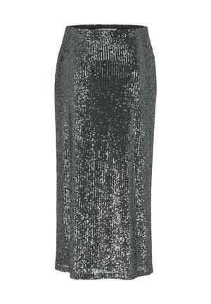Knie-lange kokerrok gemaakt van donkere stof bedekt met zilveren pailletten, met een getailleerde pasvorm en een gladde tailleband.