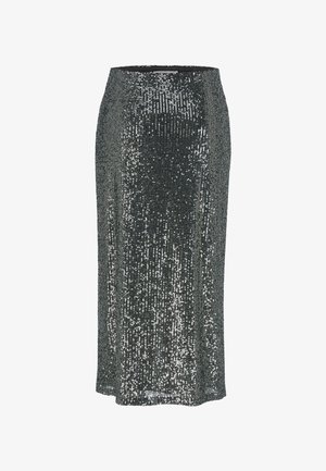 Knieumspielender Bleistiftrock aus dunklem Stoff, bedeckt mit silbernen Pailletten, mit einer figurbetonten Silhouette und einem glatten Bündchen.