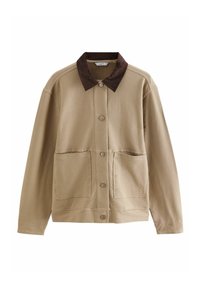 Veste texturée beige avec un col en daim marron, deux poches avant et des fermetures à boutons. Présente une coupe décontractée et des détails de coutures visibles.