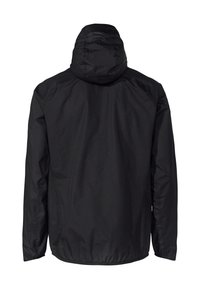 Giacca nera con cappuccio, materiale leggero, maniche lunghe, polsini e orlo elastici, texture liscia, senza motivi visibili o marchi.