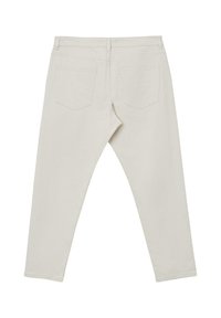 Pantaloni color beige chiaro con un design aderente, dotati di due tasche posteriori, passanti per cintura e una texture liscia e uniforme. Nessun hardware visibile.