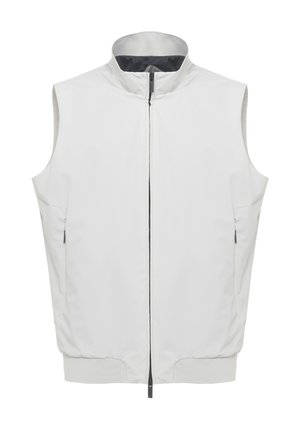 Gilet bianco senza maniche con collo alto, cerniera frontale e tasche laterali, mostrato su uno sfondo semplice.