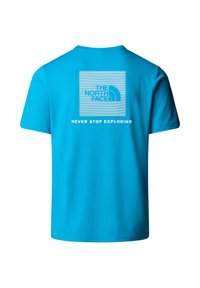 Blue short-sleeve T-shirt with "THE NORTH FACE" logo and "NEVER STOP EXPLORING" text centered on the back.