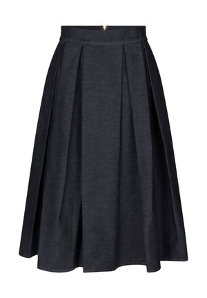 Dunkelblaue Jeansrock mit Falten, mittellang, mit einer taillierten Taille und einem verdeckten Reißverschluss auf der Rückseite. Die Textur wirkt glatt und robust.