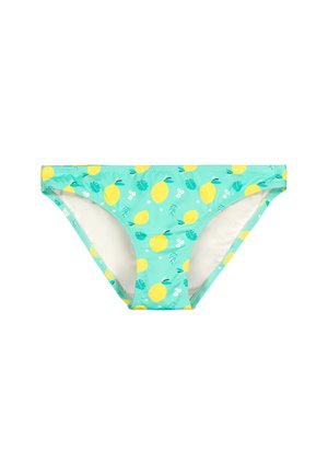 Parte inferior de bikini turquesa con estampado de limón amarillo y hojas verdes, vista frontal sobre fondo blanco.