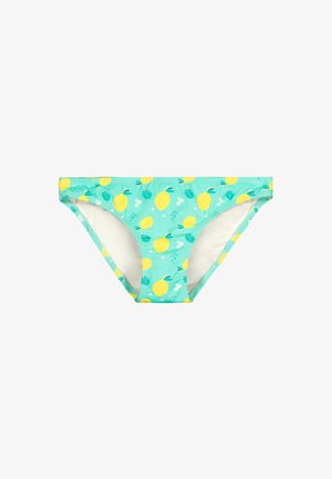 Parte inferior de bikini turquesa con estampado de limón amarillo y hojas verdes, vista frontal sobre fondo blanco.