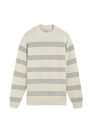 Suéter color crema con rayas horizontales negras, cuello redondo, puños y dobladillo acanalados. Textura de punto suave, ajuste estándar, sin patrones ni adornos.